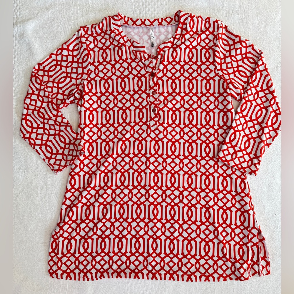 Lulu-B Tunic Geo Print 3/4 Sleeves Red White Side Slits Women’s Small S